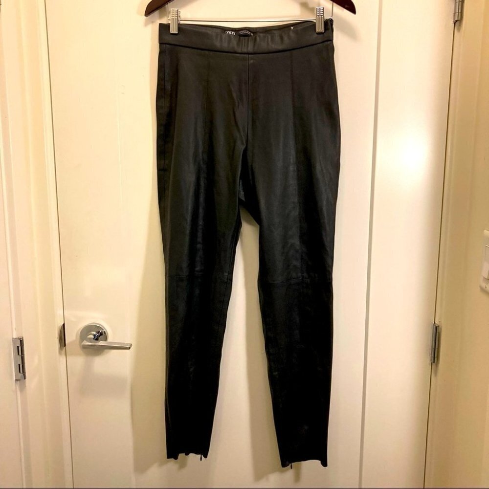 ZARA Sz M Faux Leather PVC High Rise Ankle Zipper Raw Hem Slim Leg Pants